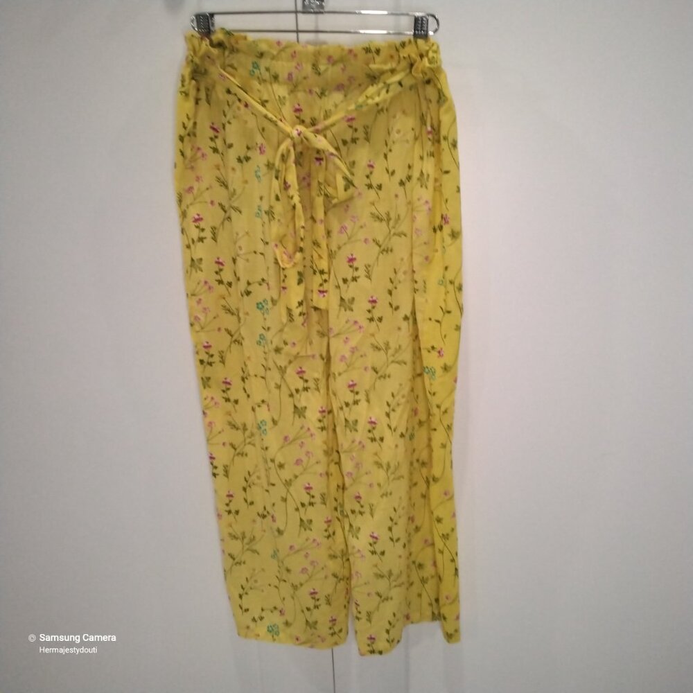 Yellow Floral Elastic High-Waisted Self-Tie Wide-Leg Palazzo Pants NWOT Girls 16